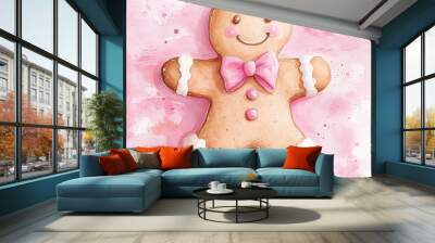 Cute gingerbread cookie with a cheerful smile and pink bow on a soft pastel background. Perfect for festive themes and designs. Wall mural